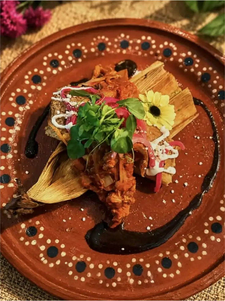 Platillo de Anega sobre hoja de maíz con guiso, crema y hojas frescas